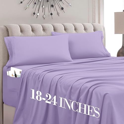 Mocassi Cal King Size 4-Piece Bed Sheet Set - 1800 Premium Hotel Quality Microfiber 18-24 Inches Extra Deep Pocket Fitted Sheet- Luxury Soft, Breathable, Wrinkle, and Fade Resistant, Lavender by MocassiLuxuryBedding