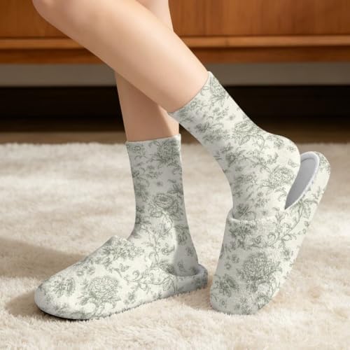 Toile de Jouy Fuzzy Slipper with Socks for Women Cozy Slipper Indoor - Image 2
