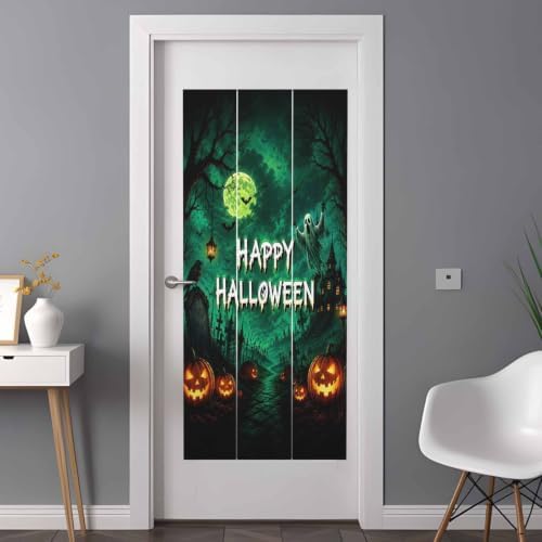Window Privacy Film Frosted, Halloween Non-Adhesive Static Cling Window Tint, Green Spooky Pumpkin Ghost Moonlight Castle Insulated Windows Frosted Films for Living Room, 35.4 x 78.7 Inches - Image 3