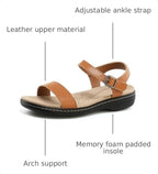 Women's Classic Flat Sandals Leather Open Toes Memory Foam One Band Ankle Strap Adjustable Slip On Shoes - Image 3