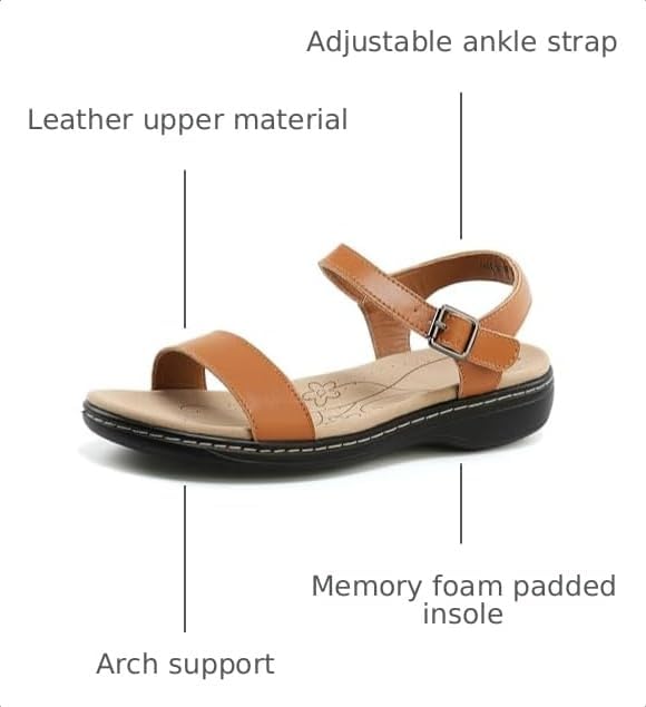Women's Classic Flat Sandals Leather Open Toes Memory Foam One Band Ankle Strap Adjustable Slip On Shoes - Image 3