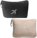 BlueHills Mini and Plush Travel Blanket Pillows for Two Airplane Traveling Essentials Flight Throws in Bag case with Backpack Clip Compact Plane Accessories – Black and Beige by BlueHills