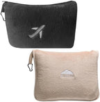 BlueHills Mini and Plush Travel Blanket Pillows for Two Airplane Traveling Essentials Flight Throws in Bag case with Backpack Clip Compact Plane Accessories – Black and Beige by BlueHills