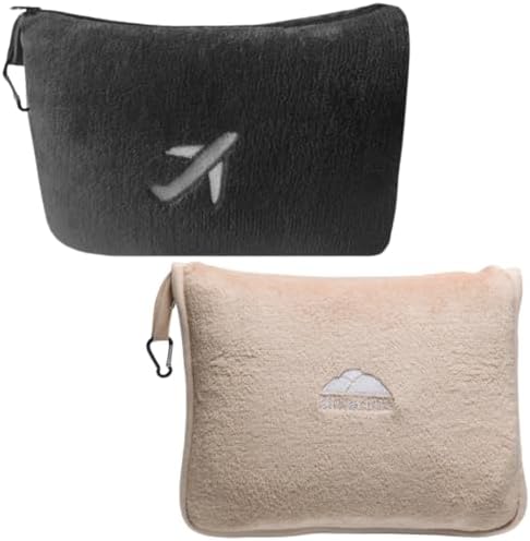 BlueHills Mini and Plush Travel Blanket Pillows for Two Airplane Traveling Essentials Flight Throws in Bag case with Backpack Clip Compact Plane Accessories – Black and Beige by BlueHills