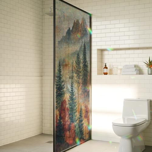 Fall Trees Window Privacy Film Rainbow Static Cling Stain Glass Window Film for Glass Door, Heat Blocking Sunroof Decal Sticker for Car 29.5"x118" Vintage Autumn Forest Foggy Natural Scenery by AMZRicher