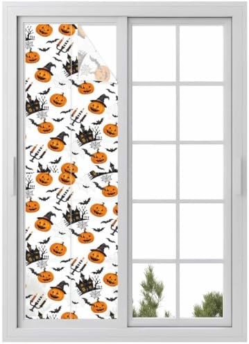 Window Privacy Film Frosted, Orange Pumpkins Halloween Reusable Static Cling Window Tints, Haunted Houses Bats Horror Heat Control Windows Films for Offices, Balcony, 29.5 x 118 Inches by Unknown