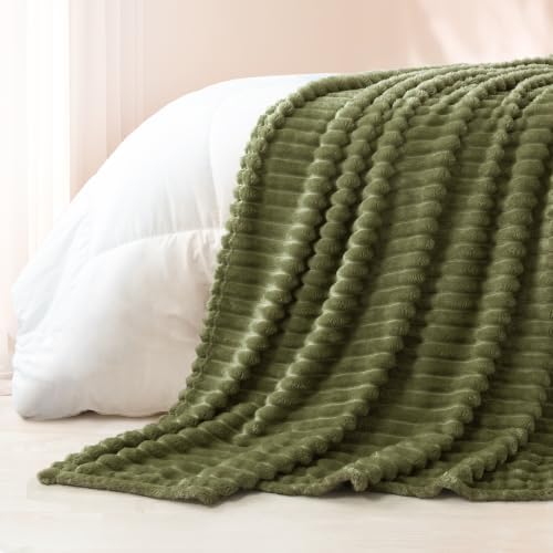 Exclusivo Mezcla Striped Queen Size Fleece Blanket for Bed, Olive Green - Image 6