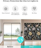 Window Privacy Film Frosted, Vintage Garden Flower Static Cling Door Window Covering, Rustic Floral Leaf Pastoral Black UV Blocking Windows Film for Office, Hotel, Bedroom, 29.5 x 78.7 Inches - Image 6