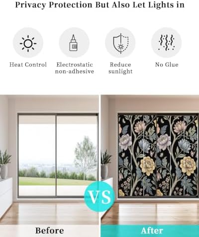 Window Privacy Film Frosted, Vintage Garden Flower Non-Adhesive Static Cling Window Tint, Rustic Floral Leaf Pastoral Black Insulated Windows Frosted Films for Living Room, 35.4 x 78.7 Inches - Image 6
