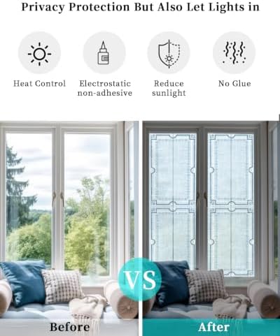 Window Privacy Film Frosted, Pale Blue Botanical Reusable Static Cling Window Tints, Vintage Florals Geometric Minimalist Heat Control Windows Films for Offices, Balcony, 29.5 x 118 Inches - Image 6