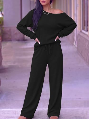 Ulovmi Women's Ribbed Lounge Set Off Shoulder Top Wide Leg Pants Set - Image 2