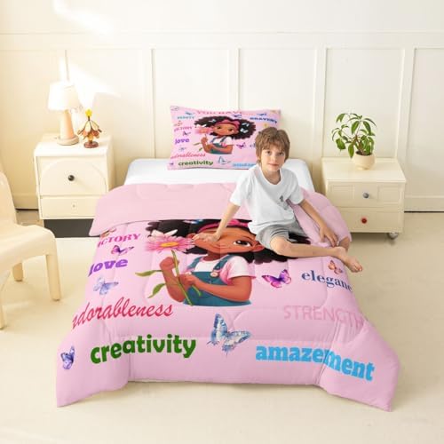 Erosebridal Black Girls Magical Bedding Set Butterflies Inspirational Quotes Toddler Comforter Set African American Comforter Afro Black Princess Girl Duvet Insert for Nursery Kids Pink Room Decor - Image 5