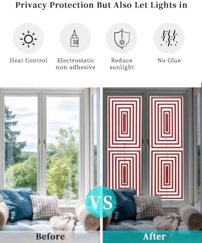 Window Privacy Film Frosted, Red White Geometric Reusable Static Cling Window Tints, Square Minimalist Modern Heat Control Windows Films for Offices, Balcony, 29.5 x 118 Inches - Image 6