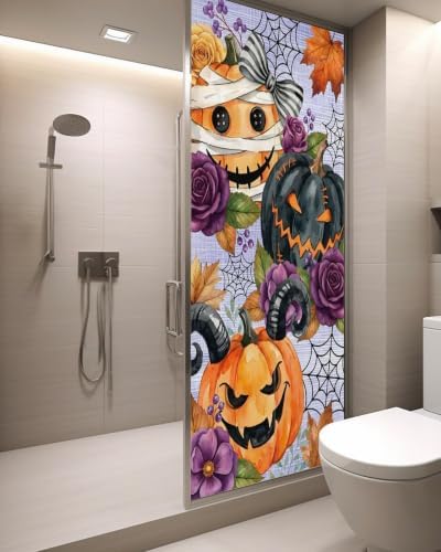 Window Privacy Film Frosted, Pumpkins Halloween Static Cling Door Window Covering, Black Horror Purple Floral Vintage UV Blocking Windows Film for Office, Hotel, Bedroom, 29.5 x 78.7 Inches - Image 3