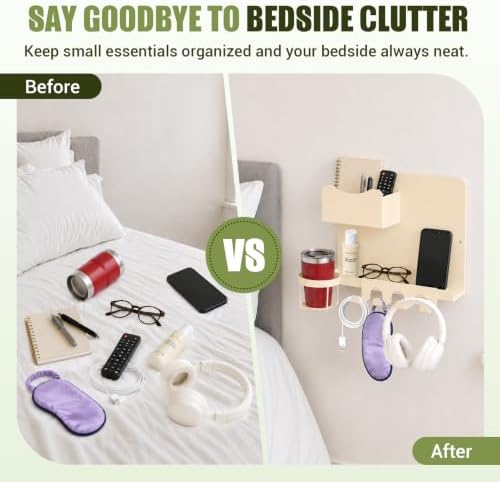 Floating Bedside Wall Shelf, Metal Wall Organizer with Detachable Cup Holde - Image 5