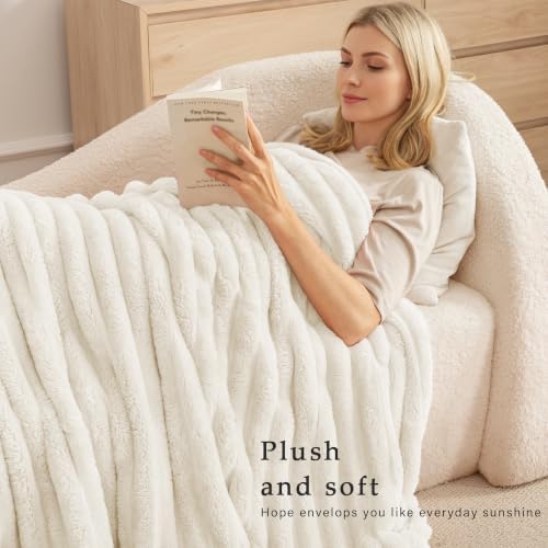 Exclusivo Mezcla Striped California King Fleece Bed Blanket, Ivory - Image 2