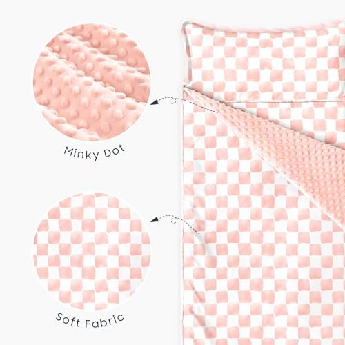 Wake In Cloud - Toddler Nap Mat with Pillow and Minky Fleece Blanket, for Kids Boys Girls Ages 3 Plus in Daycare Preschool, Roll Up Sleeping Bag, Gingham Grid Checkered, Pink White, Standard - Image 6