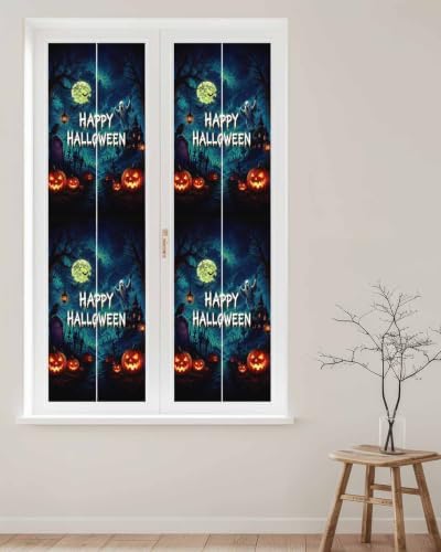Window Privacy Film Frosted, Halloween Reusable Static Cling Window Tints, Blue Spooky Pumpkin Ghost Moonlight Castle Heat Control Windows Films for Offices, Balcony, 29.5 x 118 Inches - Image 2