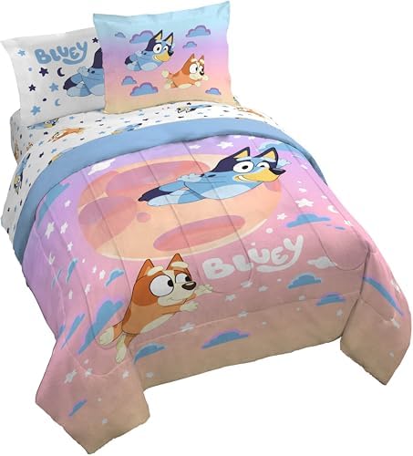 Jay Franco Bluey & Bingo Queen Comforter Set - 7 Piece Bedding Includes Sheet Set & Pillow Covers - Super Clouds & Stars Cozy Bedding by JayFranco