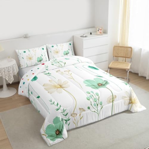 Erosebridal Watercolor Floral Bedding Set Twin Size, Mint Green Beige Flower Comforter Set for Teens Adult Women, White Modern Minimalist Quilt Plant Branches Pastoral Duvet Insert, 1 Pillow Case - Image 3