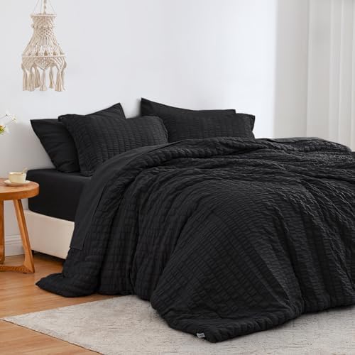 Love's cabin Seersucker Black Twin Comforter Set, 5-Piece Bed in a Bag by Lovescabin