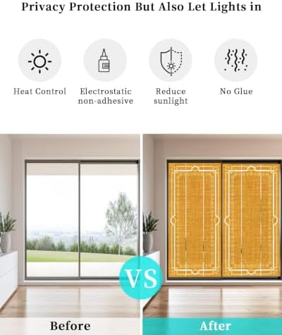 Window Privacy Film Frosted, Ginger Yellow Botanical Non-Adhesive Static Cling Window Tint, Vintage Florals Geometric Minimalist Insulated Windows Frosted Films for Living Room, 35.4 x 78.7 Inches - Image 6