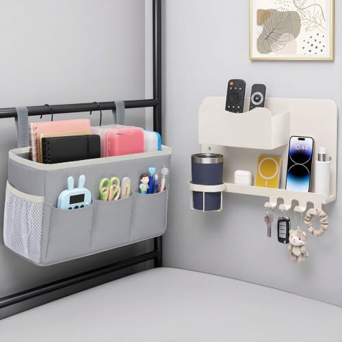 Domensi 2 Pcs Hanging Bedside Storage Caddy Bags with Pockets, Floating Bedside Shelf Wall Mount Organizer, College Dorm Essentials for Headboards Bunk Beds Book Phone Holder by Domensi