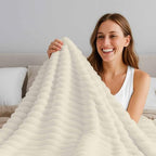 Cream Throw Blanket, Farmhouse Solid Color Fluffy Soft Blankets for Couch Bed Travel, Minimalist Plush Microfiber Striped Flannel Blankets, Modern Lightweight Sofa Blankets 40"x60" - Image 5