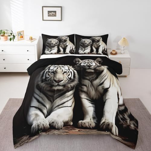 Erosebridal White Tiger Comforter Set Full Size,3D Animal Print Bedding Set by Erosebridal