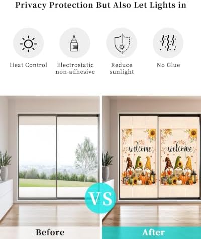 Window Privacy Film Frosted, Thanksgiving Static Cling Door Window Covering, Fall Gnomes Pumpkin Maple Leaf Sunflowers UV Blocking Windows Film for Office, Hotel, Bedroom, 29.5 x 78.7 Inches - Image 6