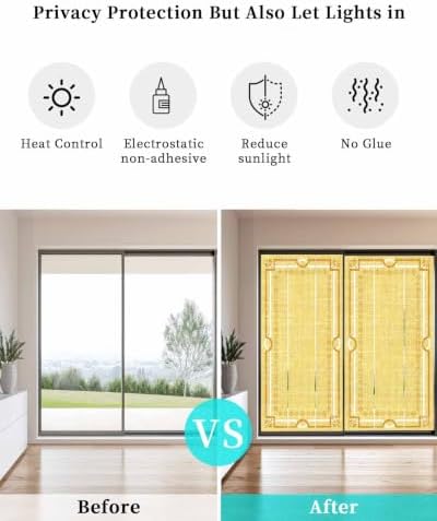Window Privacy Film Frosted, Lemon Yellow Botanical Static Cling Door Window Covering, Vintage Florals Geometric Minimalist UV Blocking Windows Film for Office, Hotel, Bedroom, 29.5 x 78.7 Inches - Image 6