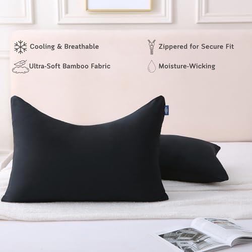 Cooling Pillow Covers for Curved Pillows – Queen 2-Pack 28x20 Midnight Black Moon-Shaped Zippered Pillowcases, 100% Rayon Derived from Bamboo, Ultra-Soft, Silky, Breathable, & Wrinkle‑Resistant - Image 4
