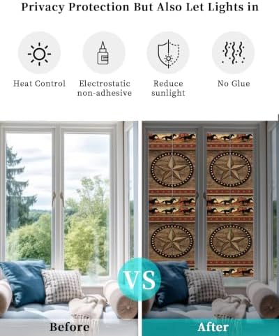 Window Privacy Film Frosted, Texas Star Rustic Reusable Static Cling Window Tints, Farmhouse Western Horse Wood Grain Heat Control Windows Films for Offices, Balcony, 29.5 x 118 Inches - Image 6
