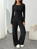Trendy Queen Women's 2 Piece Matching Lounge Set Boat Neck Slim Fitted Top Wide Leg Pants Casual Tracksuits - Image 2