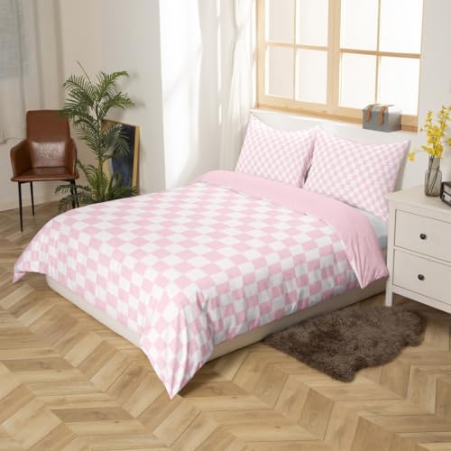 Pink Grid Duvet Cover Set Twin Size,Pink White Checkered Bedding Set 2Pcs for Kids Girls Teens Women Room Decor,Geometric Plaid Printed Comforter Cover Soft Sweet Girly Quilt Cover,1 Pillowcase - Image 2