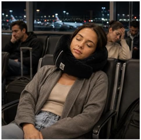 Travel Pillow, Ergonomic Neck Pillow for Airplane, Car, and Train, Soft Plush Head and Chin Support for Long Flights, Lightweight Packable Travel Essentials, Black - Image 4