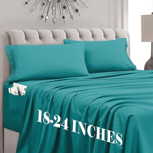Mocassi King Size 4-Piece Bed Sheet Set - 1800 Premium Hotel Quality Microfiber 18-24 Inches Extra Deep Pocket Fitted Sheet- Luxury Soft, Breathable, Wrinkle, and Fade Resistant, Teal by MocassiLuxuryBedding