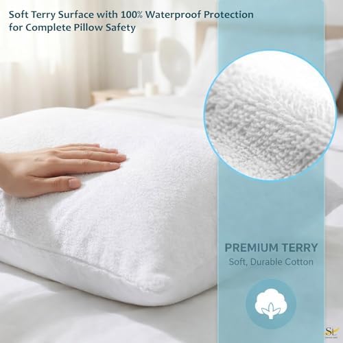 Waterproof Zippered Pillow Protector Covers - Set of 2, White Solid (20" X 16"), Breathable Soft Cotton Terry - Image 3