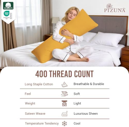 Pizuna 100% Cotton Long Body Pillow Case 400 Thread Count Honey Gold - Image 2