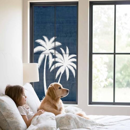 Window Privacy Film Frosted, Navy Blue Palm Trees Static Cling Door Window Covering, Summer Coastal Tropical Botanical UV Blocking Windows Film for Office, Hotel, Bedroom, 29.5 x 78.7 Inches - Image 2