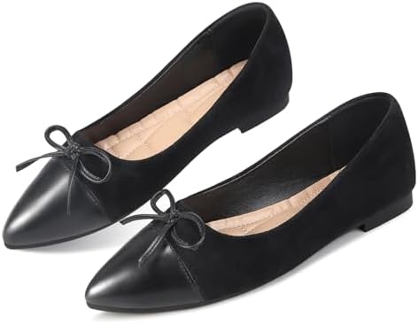 KUNWFNIX Women's Ballet Flats Foldable Classic Crown Rhinestone Slip On Bowknot PU Leather Faux Suede Pointed Toe Comfort Flat Casual Dress Shoes by KUNWFNIX