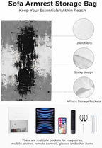 Sofa Armrest Organizer Bedside Caddy, Black Cement Gray Non Slip Couch Remote Control Holder for Recliner, Modern Abstract Art Black Armchair Caddy with Pocket for Magazine, Phone, 19.7"x35" - Image 2