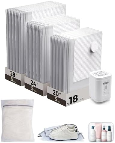 BAGSMART Vacuum Seal Storage Bags for Clothing Travel, 18 Pack Travel Essentials Bundle includes Laundry Bag & Waterproof Shoe Bag & TSA Approved Toiletry Bag, Hand Pump Included by BAGSMART