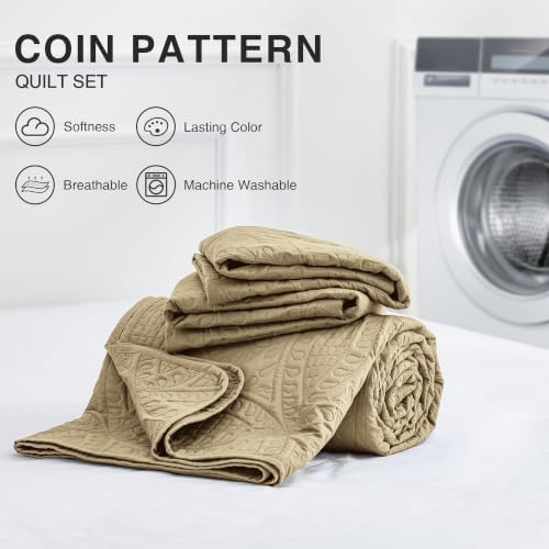Love's cabin King Size Quilt Set Camel Bedspreads - Soft Bed Fall Lightweight Bedspread Comforter - Modern Style Coin Pattern Coverlet for All Season - 3 Pieces (1 Quilt, 2 Pillow Shams) - Image 5