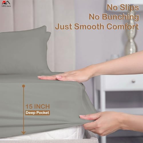 ARlinen 5PC Split King Sheets for Adjustable Bed, 15-Inch Deep, Light Grey - Image 6