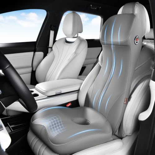 Coverado Memory Foam Car Seat Cushion and Lumbar Support Headrest Pillow, 2-in-1 Integrated Ergonomic Back Support Neck Pillow, Breathable Seat Cushion for Sciatica Back Tailbone Pain Relief, Gray by COVERADOAUTO