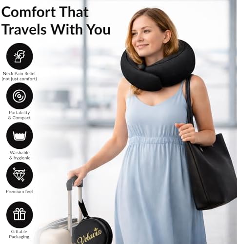 Travel Neck Pillow,Ergonomic 360° Memory Foam Support for Head, Neck. Adjustable for Long Flights. Soft &Washable Cover, EVA Box, 3D Eye Mask, Earplugs, Hair Tie & Luxury Bag (Black) - Image 6