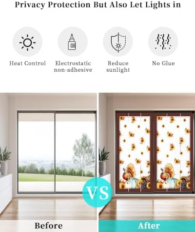 Window Privacy Film Frosted, Thanksgiving Fall Non-Adhesive Static Cling Window Tint, Turkey Sunflowers Pumpkin Brown Striped Insulated Windows Frosted Films for Living Room, 35.4 x 78.7 Inches - Image 6