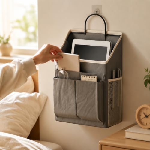 Hanging Bedside Storage Organizer Sturdy Bedside Storage Bag with Mesh Pockets Vertical Textile Hanging Organizer with Metal Hook for Dorm Rooms, Gray - Image 2