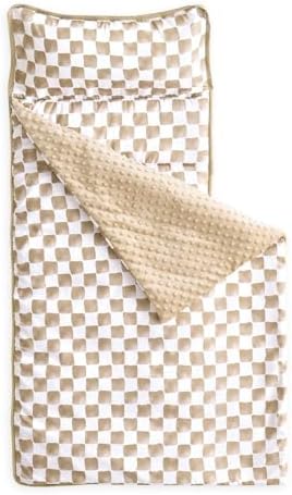 Wake In Cloud - Toddler Nap Mat with Pillow and Minky Fleece Blanket, for Kids Boys Girls Ages 3 Plus in Daycare Preschool, Roll Up Sleeping Bag, Gingham Grid Checkered, Brown White, Standard by WakeInCloud